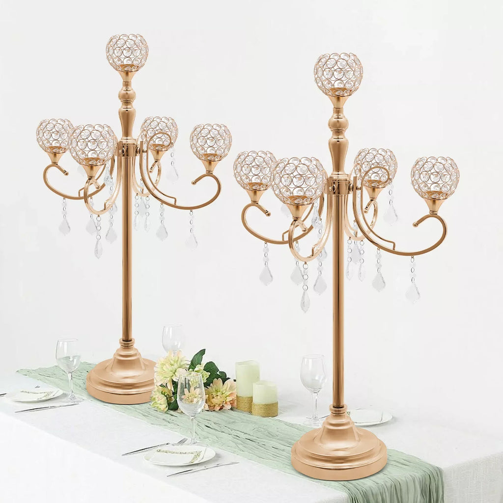 2PCS 5 Arms Crystal Candelabra Candle Holder Golden Table Centerpieces Wedding Decoration