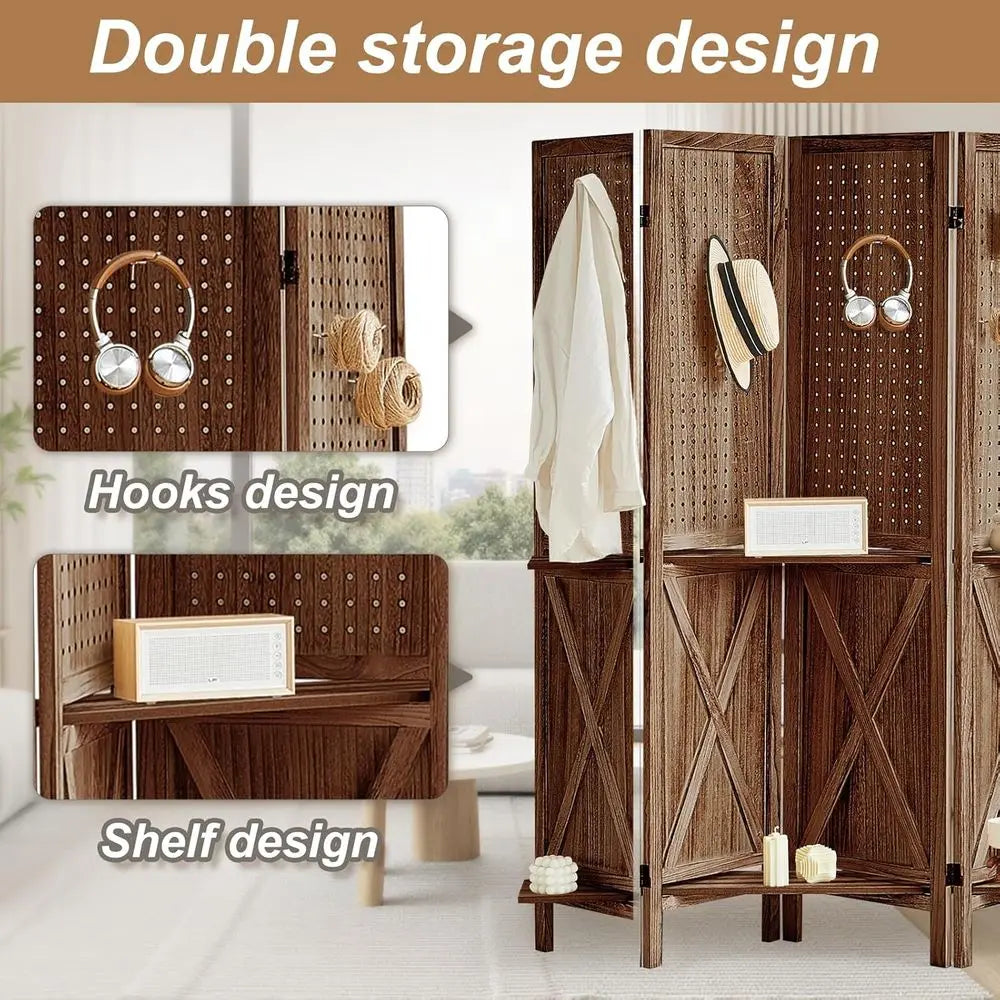 Wooden 6-Panel Pegboard Room Divider with Shelf and 24 Hooks, Ideal for Bedroom or Jewelry Store, Brown