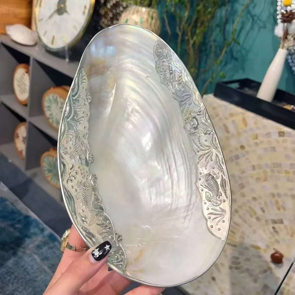 Large Vintage Silver Edge Shell Tray 24cm, Jewelry Display Bowl, Luxury Beach Home Decor, Nautical Photo Prop