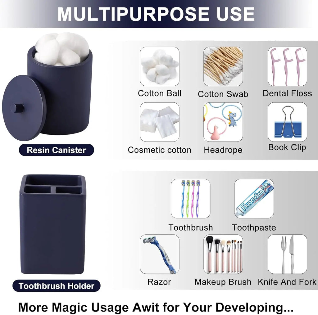 6-Piece Navy Blue Bathroom Set with Toothbrush Holder, Soap Dispenser, Vanity Tray, and More - Countertop Organizer