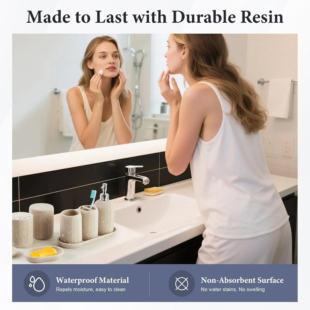7-Piece Resin Bathroom Set with Soap Dispenser, Toothbrush Holder, Tray - Modern Beige Decor for Home