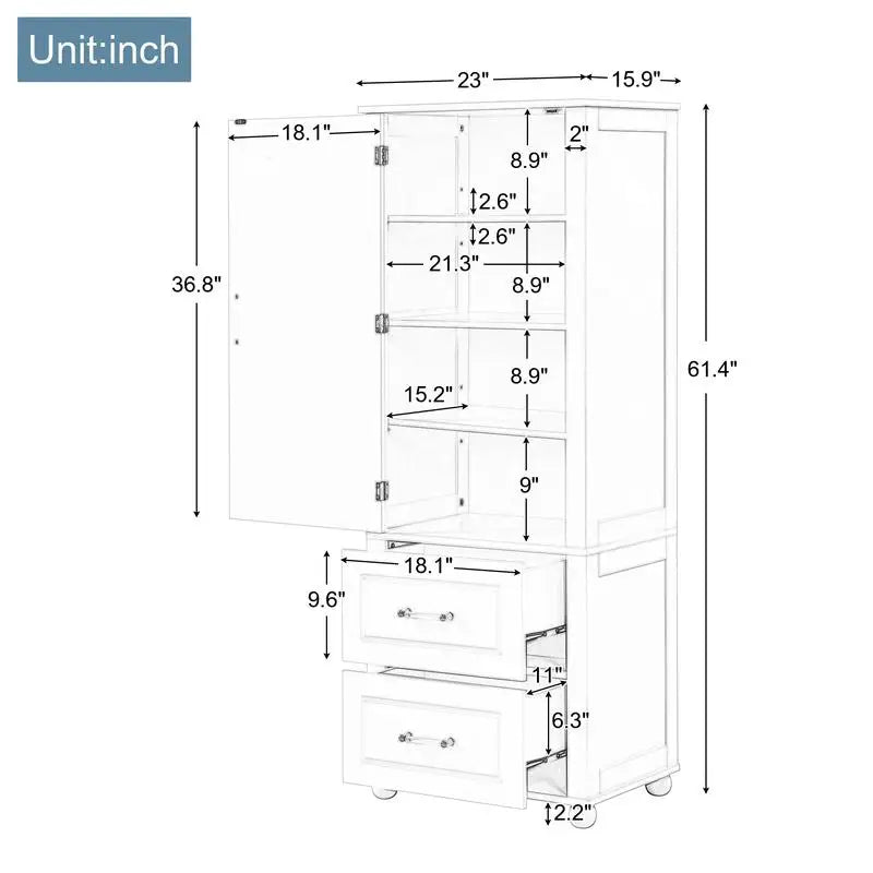 Freestanding Tall Bathroom Storage Cabinet with 2 Drawers and Adjustable Shelf, MDF Board with Painted Finish, Black