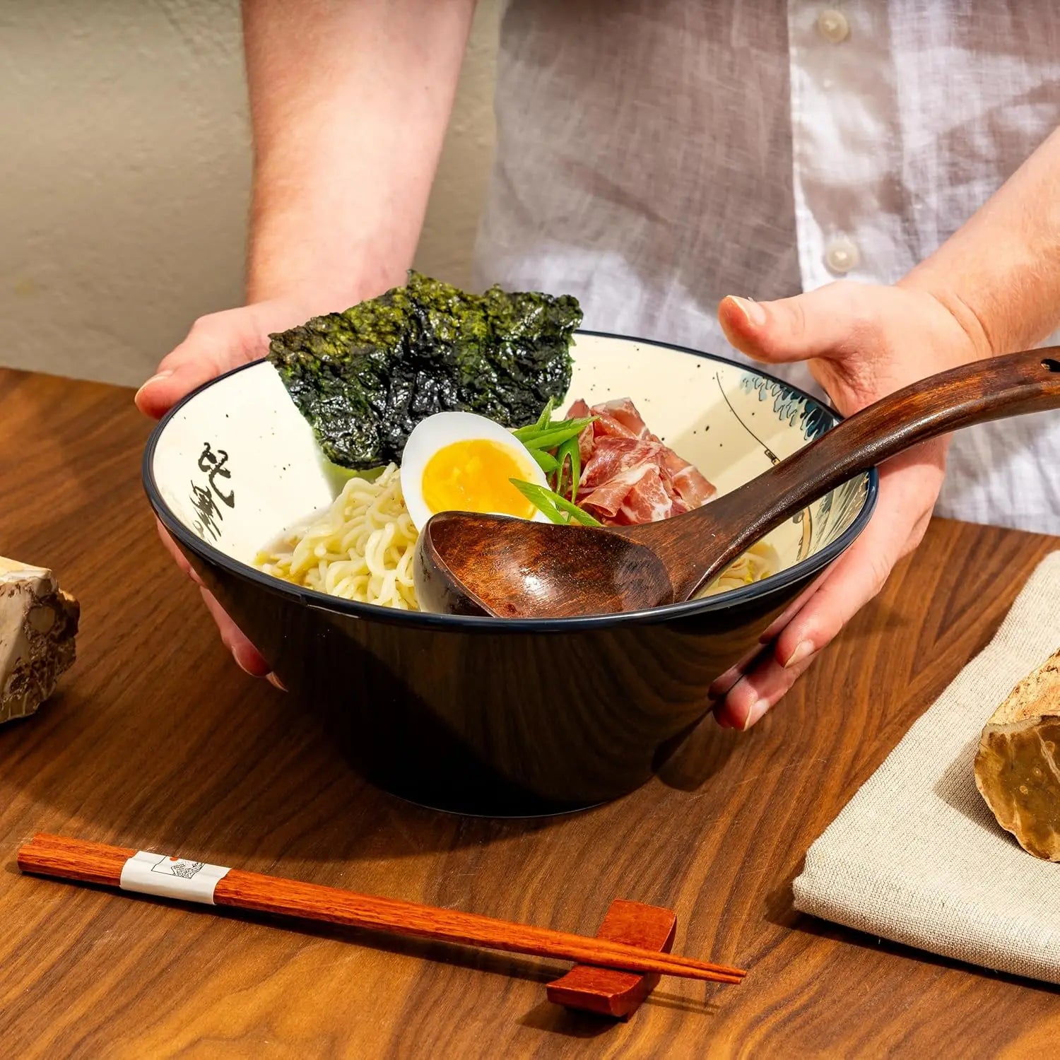 Large Ceramic Ramen Bowl Set with Great Wave Design, 60oz for Soups and Salads, Microwave Safe