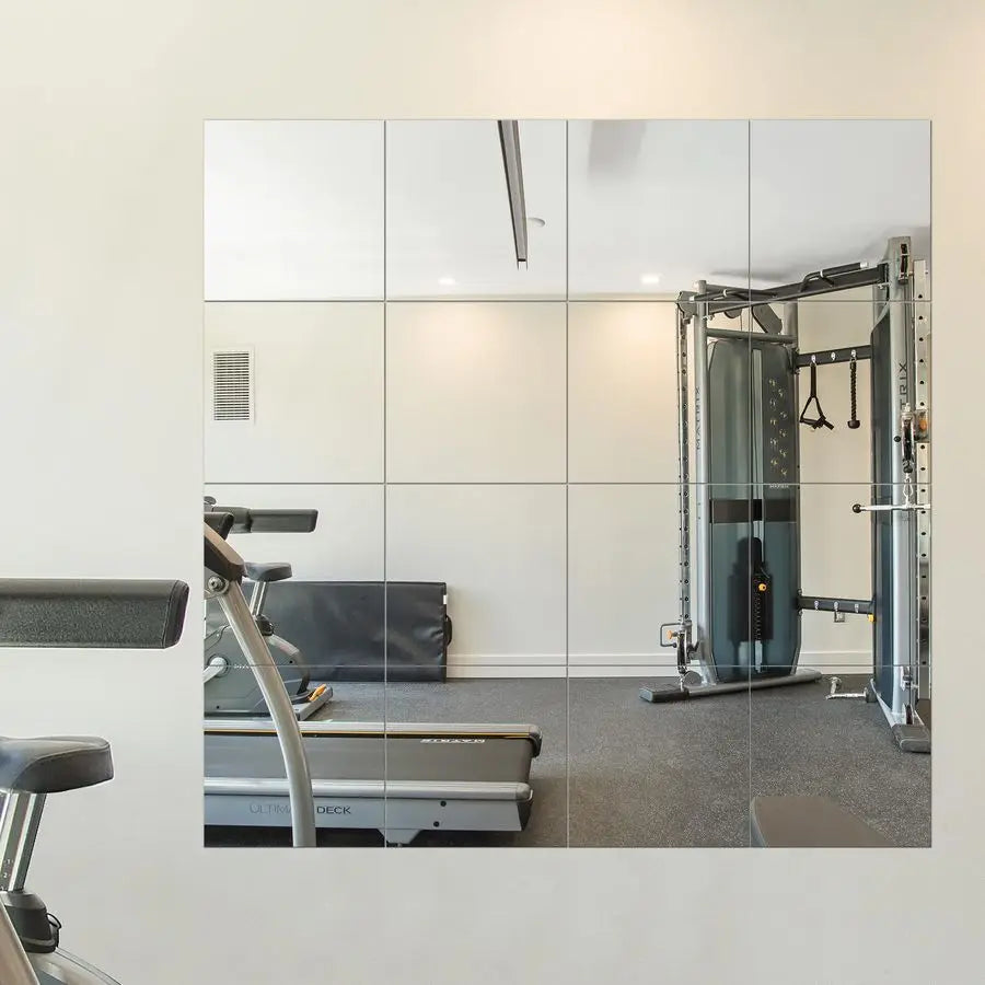 Home Gym Mirrors, 12 x 12 Glass Mirror Tiles 16 PCS, Square Large Wall Mirror for Home Gym, Bedroom, Door,Bathroom, Frameless M
