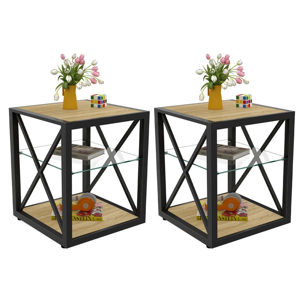 Modern coffee table for Bedroom & Living Room, Tempered Glass&Rustic Wood Grain MDF, Industrial Style coffee table