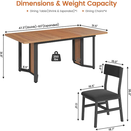 "4-6 Person Extendable Dining Table Set with 4 Cushioned Chairs and MDF Board"