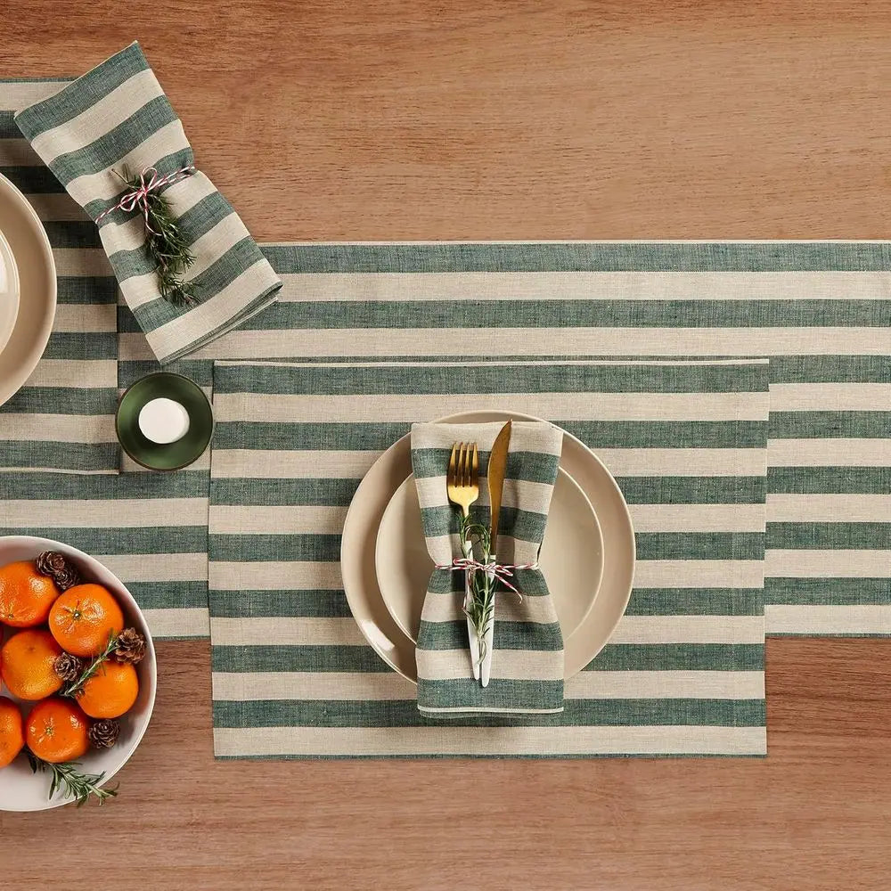 Pure Linen Table Runner, 14x156 Inches, Hunter Green and Natural Stripe, Perfect for Dining, Fall, Autumn, Thanksgiving, Christm