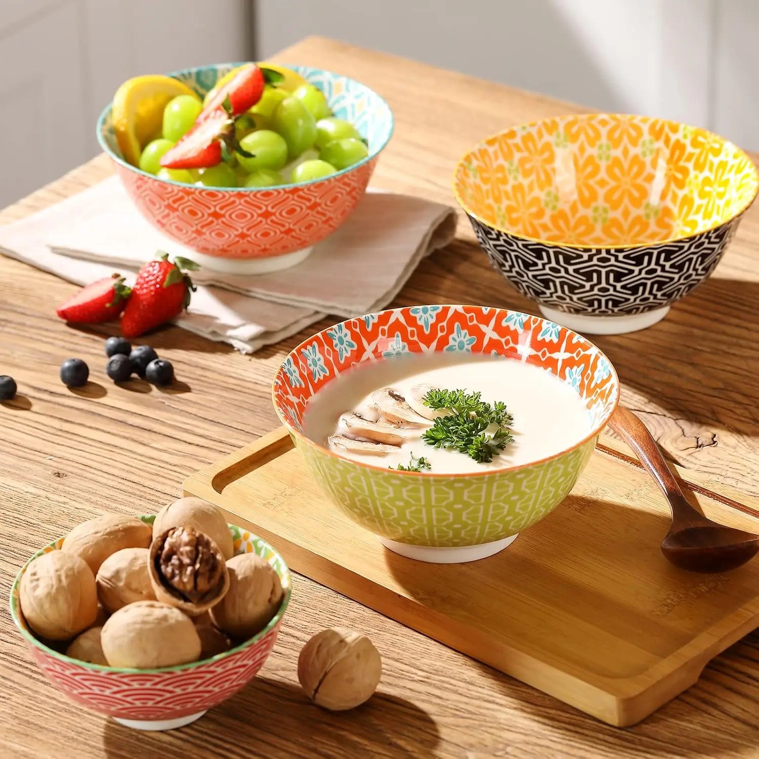 Colorful 23 Oz Ceramic Cereal Bowls Set of 6 for Soup, Salad, Dessert, Pasta & Ice Cream