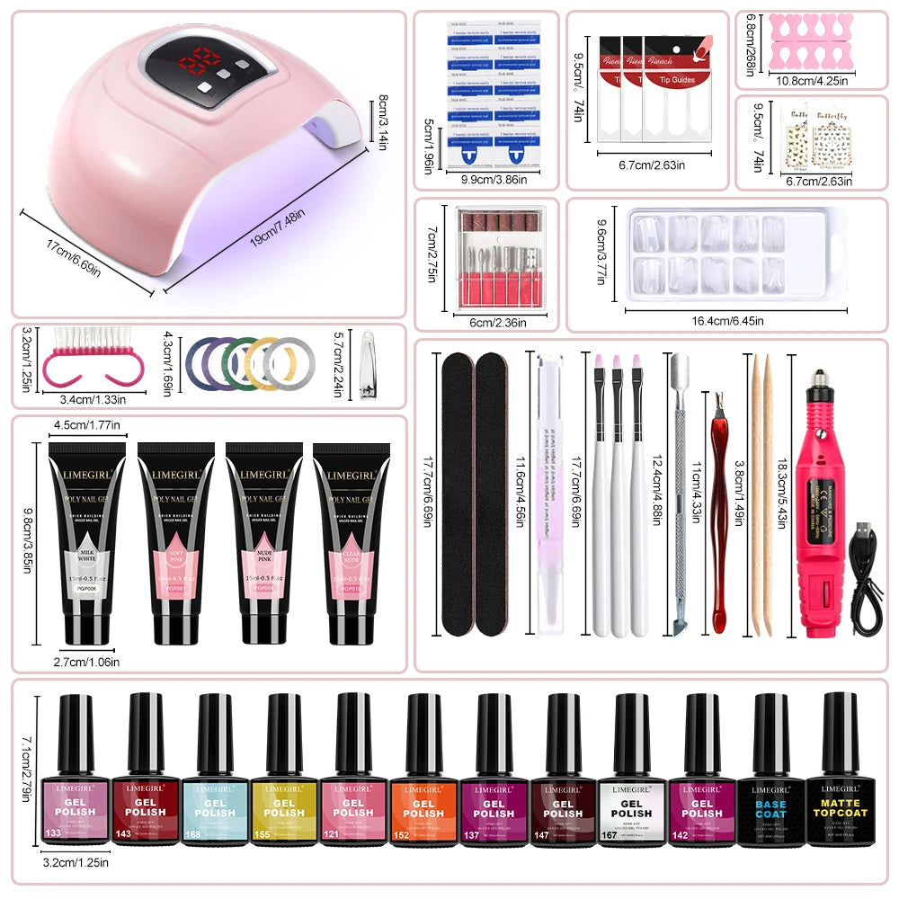 LIMEGIRL 8ml Gel Nail Polish Set UV Semi-Permanent Gel Varnish Soak Base Coat Polishing Tool with LED Lamp and Nail Drill  Kit