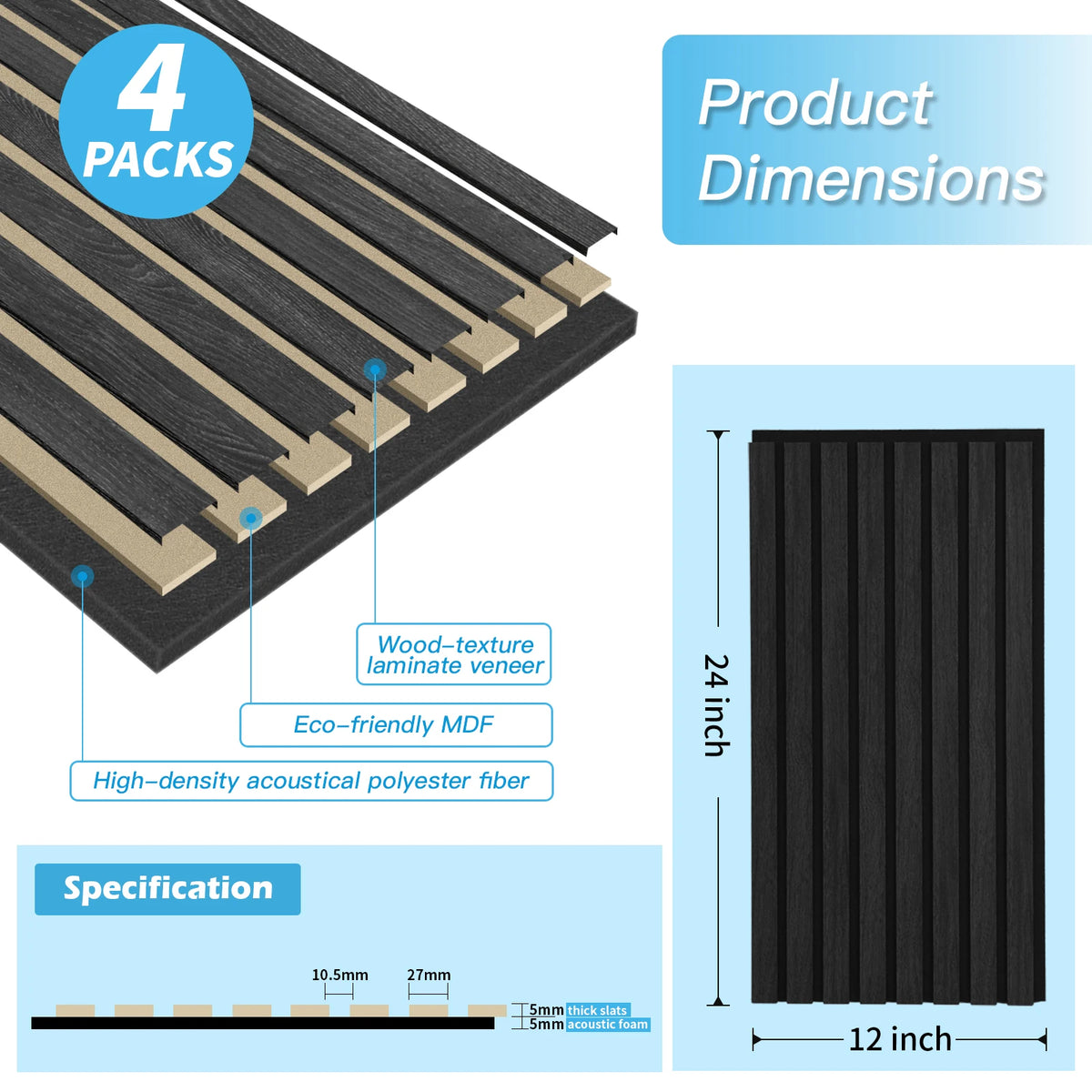 Art3d  4-Panels, Textured Wood-Look 3D Wall & Ceiling Tiles Noise Insulating MDF Grille Design,Acoustic Panels, 24" x 12"