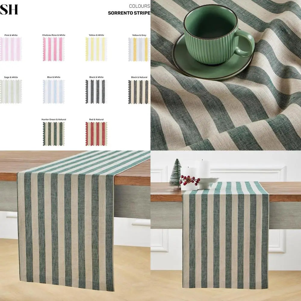 Pure Linen Table Runner, 14x156 Inches, Hunter Green and Natural Stripe, Perfect for Dining, Fall, Autumn, Thanksgiving, Christm