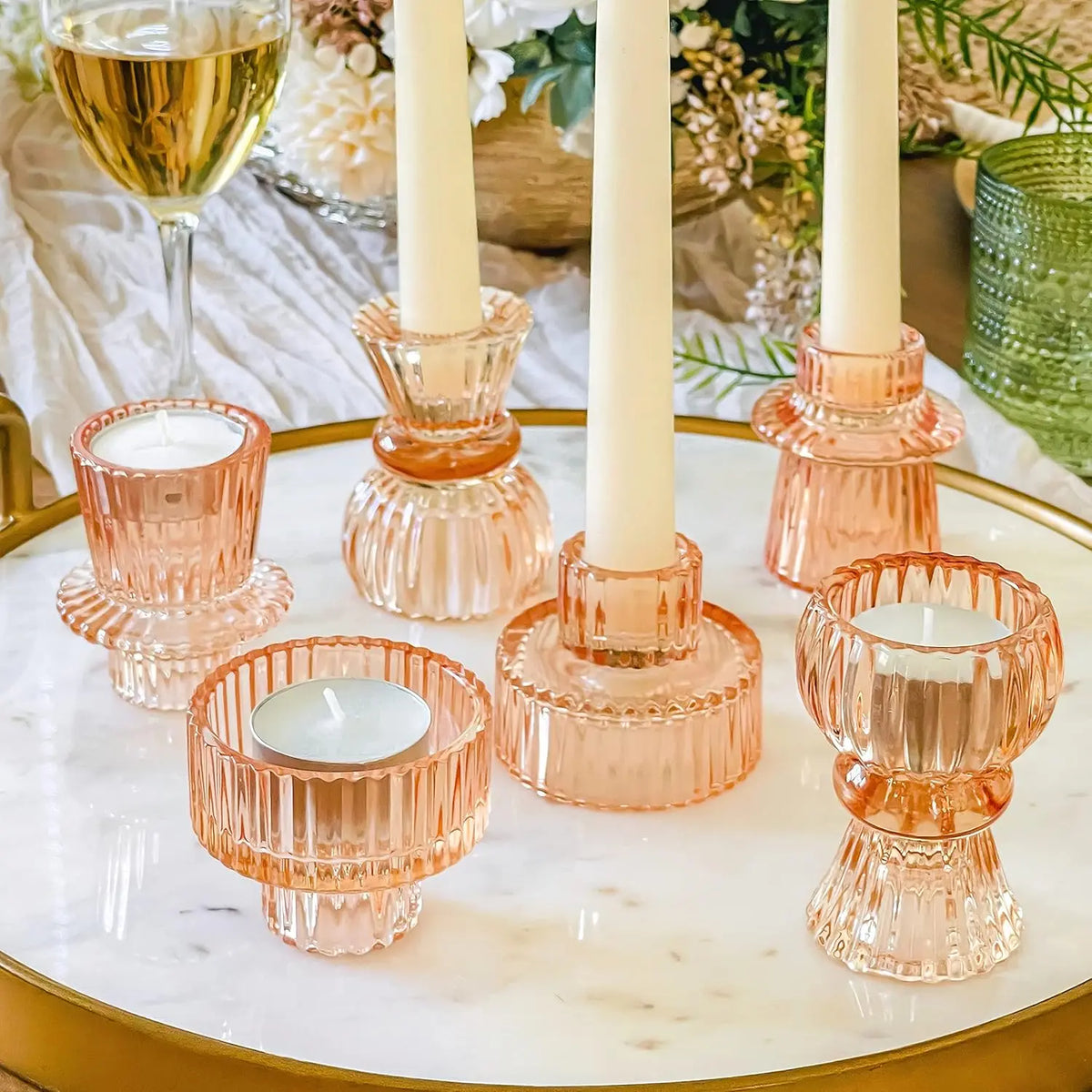 Vintage Ribbed Glass Candle Holders Set of 6, Assorted Sizes for Dining Table and Shelf Decor