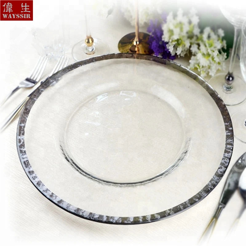Transparent Glass Charger Plate, Decorative Wedding Dinner Plate, Round Tableware, Show Tray Display, Paint Gold Line Design