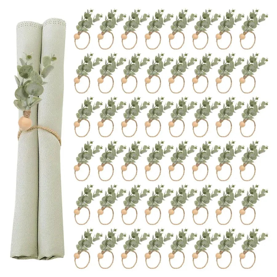 Deco Napkin Rings Set of 100, Rustic Farmhouse Boho Green Leaf Wooden Napkin Rings for Spring Summer, Thanksgiving Christmas, We
