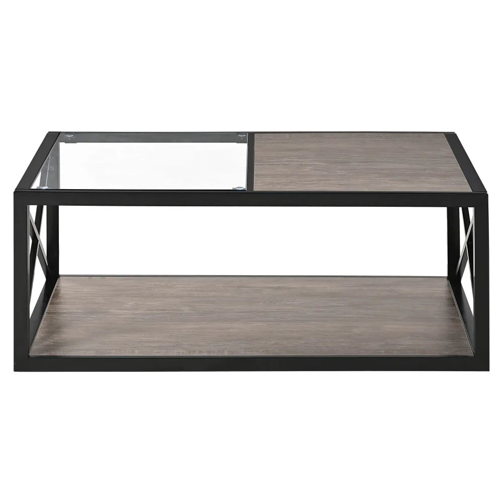 Modern coffee table for Bedroom & Living Room, Tempered Glass&Rustic Wood Grain MDF, Industrial Style coffee table