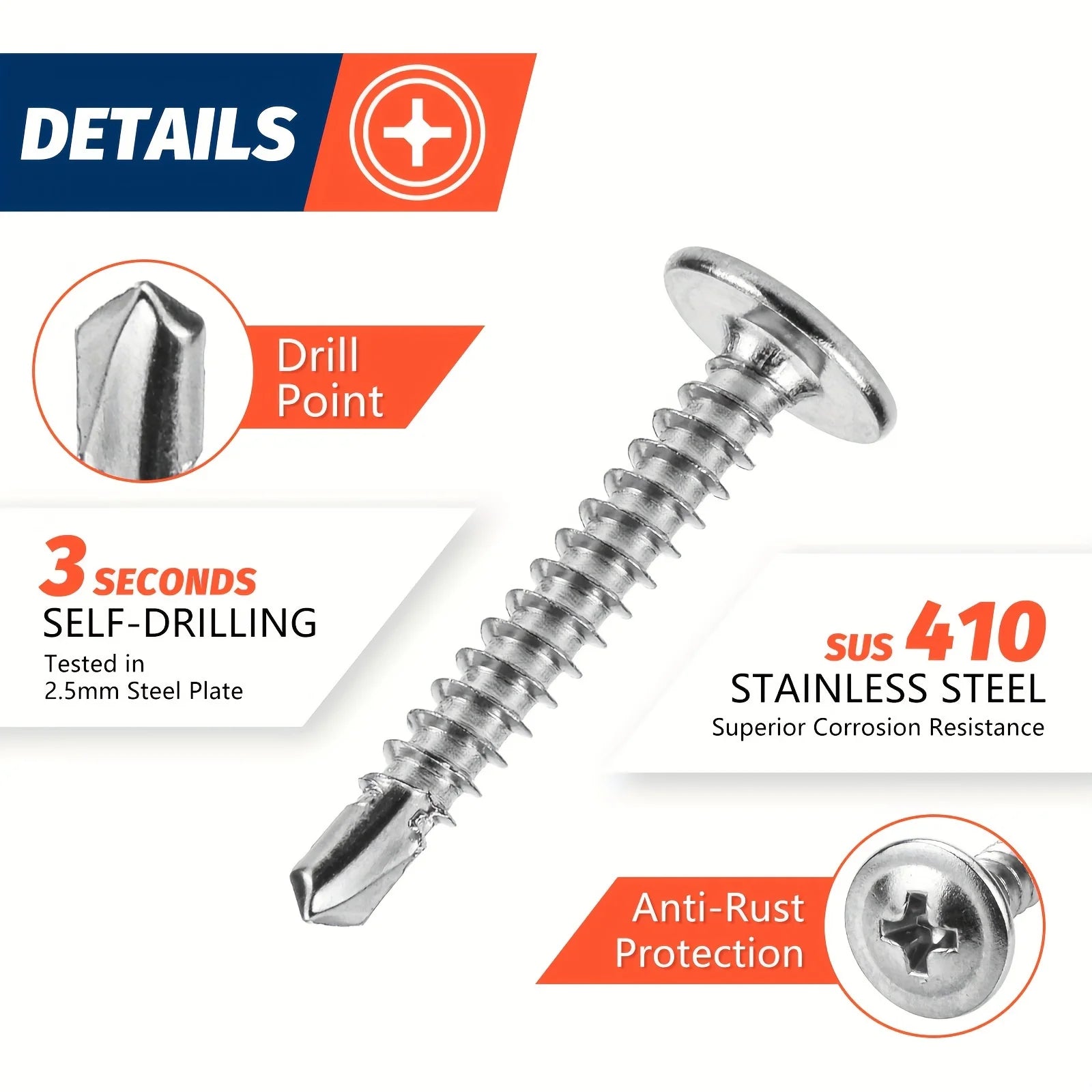 80pcs Modified Truss Head Sheet Metal Screws Assortment Kit Stainless Steel Self Tapping Drilling Screws for Metal Plastic Wood