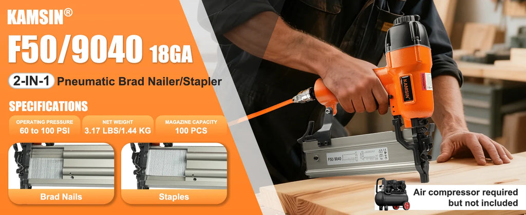 F50/9040 Pneumatic Brad Nailer, 2 in 1 Nail Gun Staple Gun Fires 18 Gauge 2" Brad Nails and 1/4" Crown 1-5/8" Staples with Carry