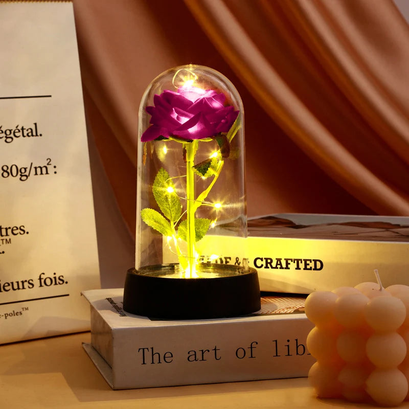 Artificial Rose Flowers LED Light Foil Flower In Glass Cover Eternal Rose Wedding Home Decor Birthday Mother's Day Gift