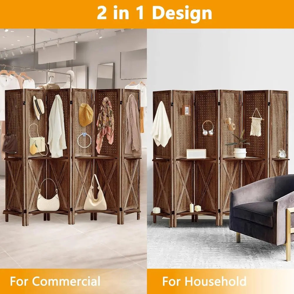 Wooden 6-Panel Pegboard Room Divider with Shelf and 24 Hooks, Ideal for Bedroom or Jewelry Store, Brown