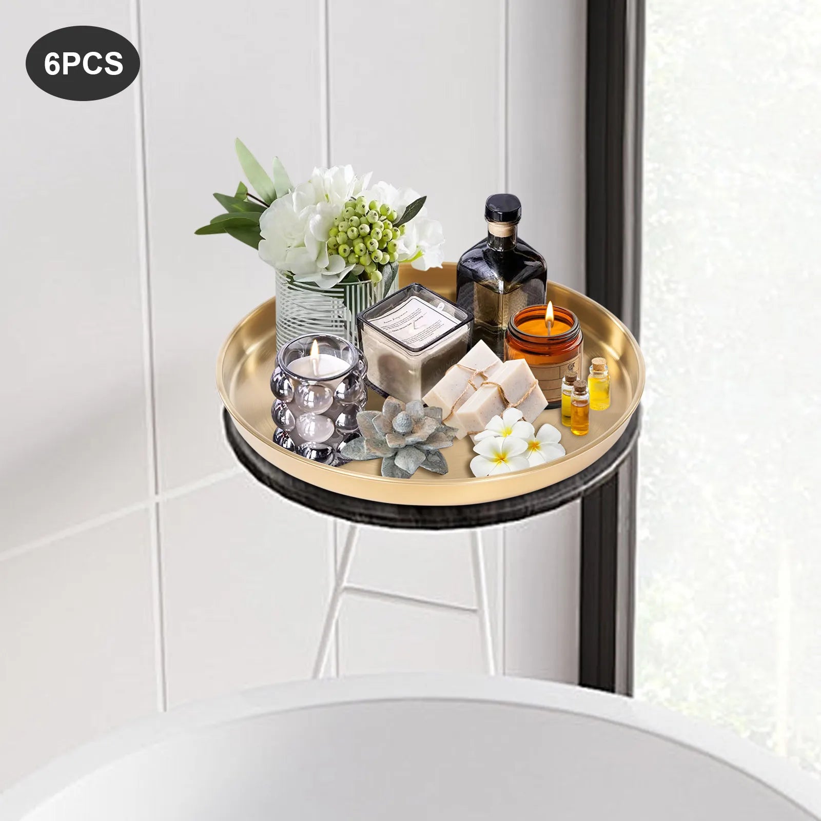 6Pcs Round Serving Trays, Stainless Steel Table Tray, Versatile Gold Decorative Tray Jewelry Display Tray Tea Service Tray