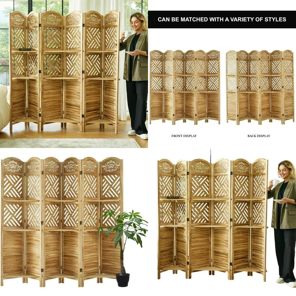 68.9 Natural Wood Carved Louvered 6-Panel Folding Room Divider with Shelves for Home Office