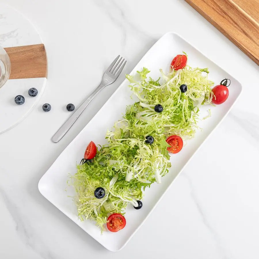 White Melamine Rectangular Serving Platter Trays, Set of 4, 14 X 7 Fruit Cake Bread Sushi Plate for Party Serving Food, Lightwei