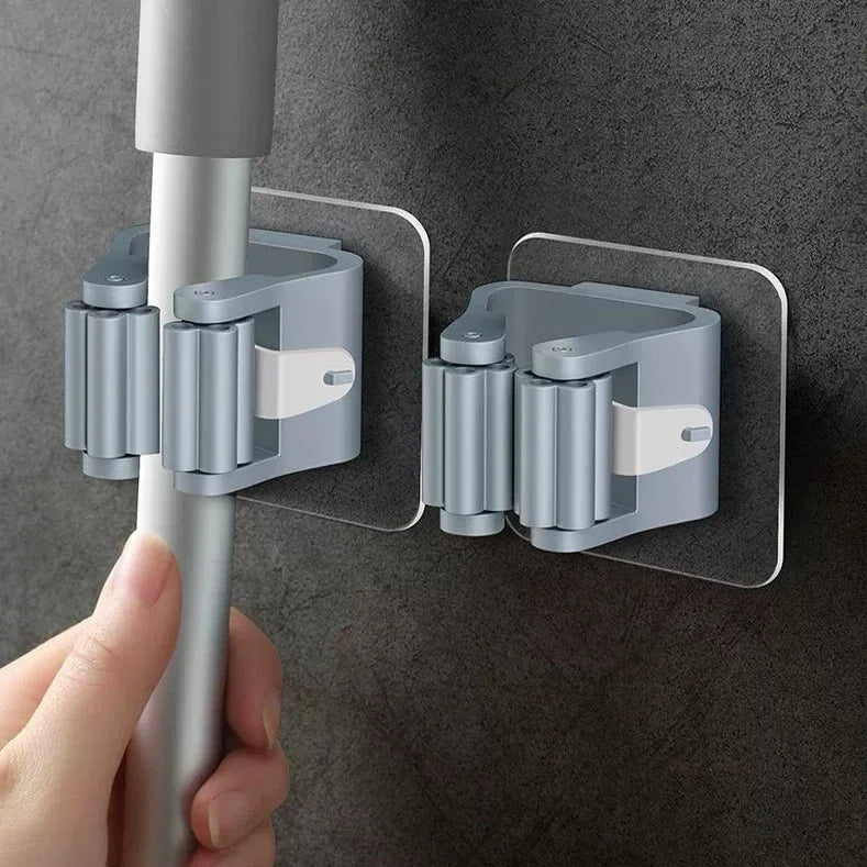 No-Drill Mop Holder: 3 Strong Wall Hooks with Clamp,Space-Saving Storage in Kitchen, Bathroom，hang showerhead/broom/rag