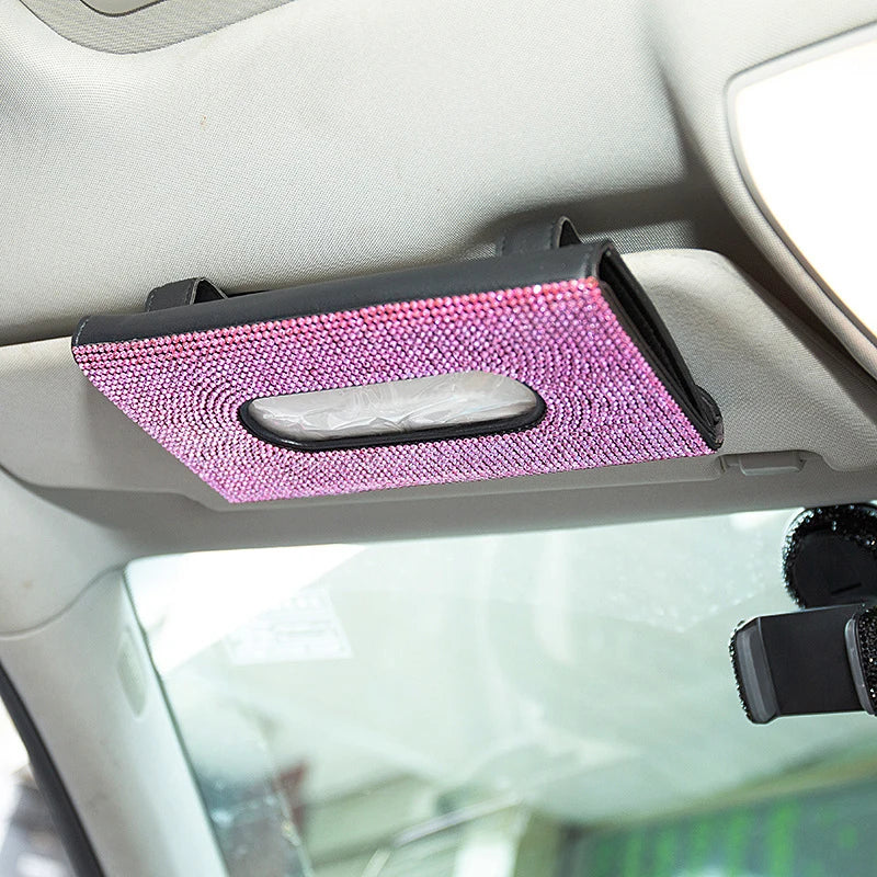 Bling Crystal Car Tissue Box Sun Visor Diamond Leather Auto Tissue Paper Holder Case Sunvisor Hanging Napkin  car decoration