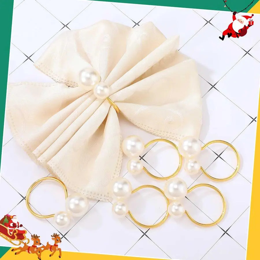 100 Pcs Pearl Napkin Rings, Gold Table Napkin Holder Buckles for Dinning Table Setting Christmas Wedding Party Supplies