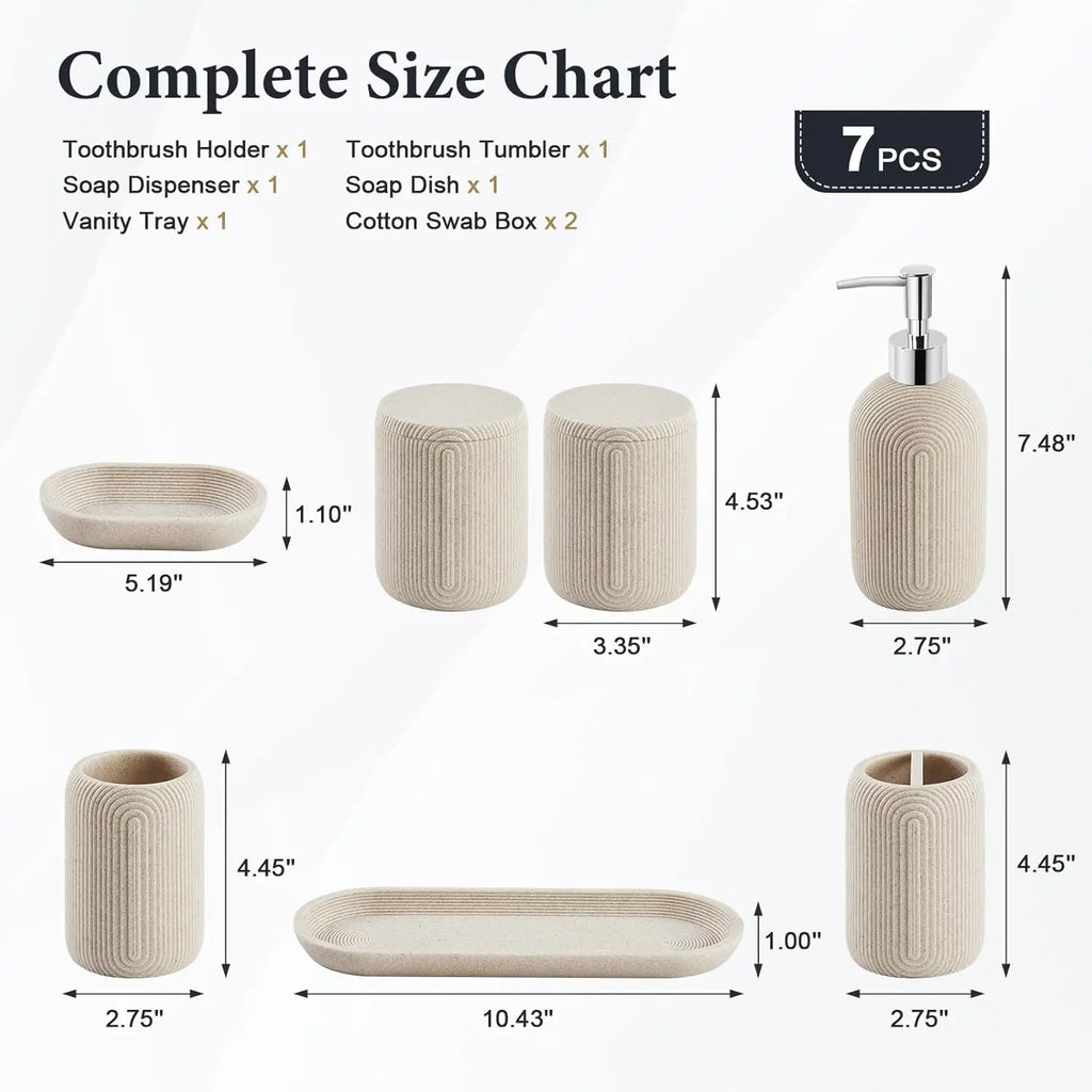 7-Piece Resin Bathroom Set with Soap Dispenser, Toothbrush Holder, Tray - Modern Beige Decor for Home