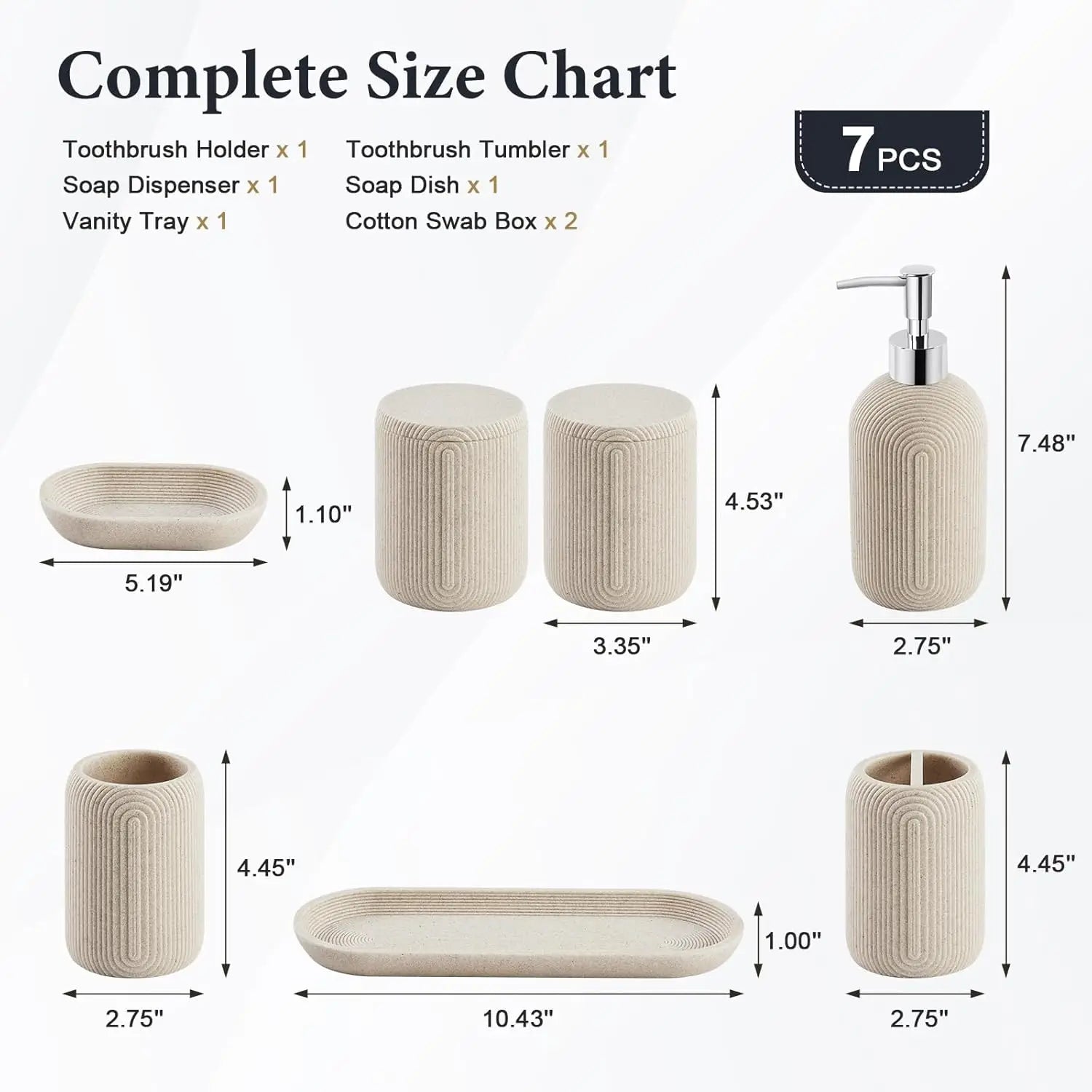 7-Piece Resin Bathroom Set with Soap Dispenser, Toothbrush Holder, Tray - Modern Beige Decor for Home