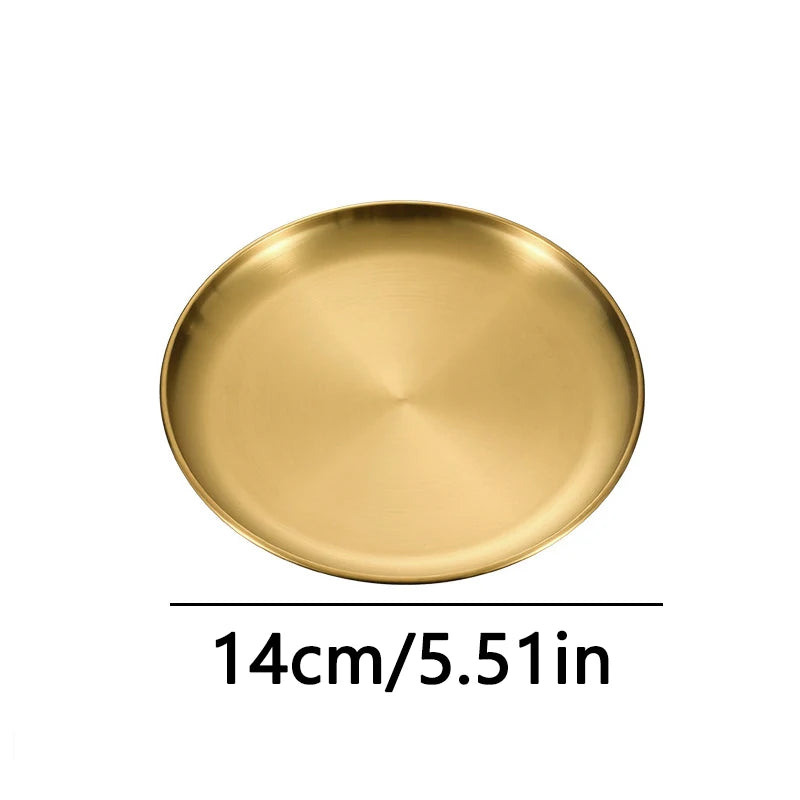 Kitchen Utensils With Shelves Gold Silver Stainless Steel Circular Plates Trays Shallow Bottom Rust Proof Plates Picnic Plate
