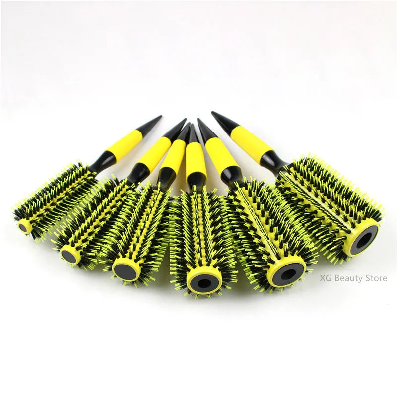 Professional 1PC 6 Sizes Round Wooden Hair Brush Boar Bristle Mix Nylon Salon Women Hair Styling Tools Yellow Brazil Hair Curler