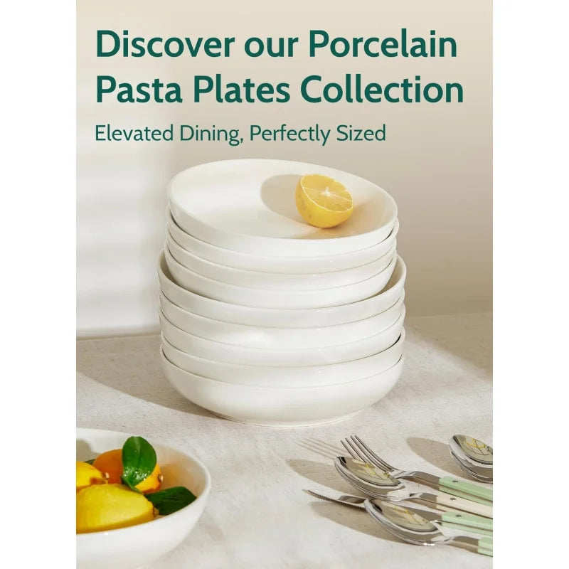 Set of 6 Porcelain Pasta Bowls 22oz - White 7.6-Inch Salad & Serving Plates, Microwave & Dishwasher Safe Dinnerware