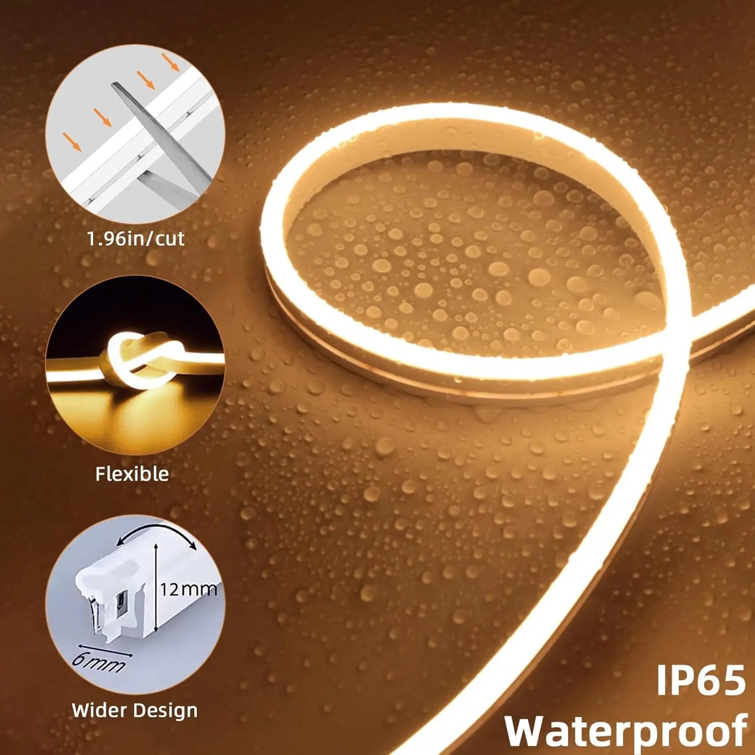 100Ft Warm White Dimmable LED Strip Lights, IP65 Waterproof Flexible Neon Rope for Indoor Outdoor Decor