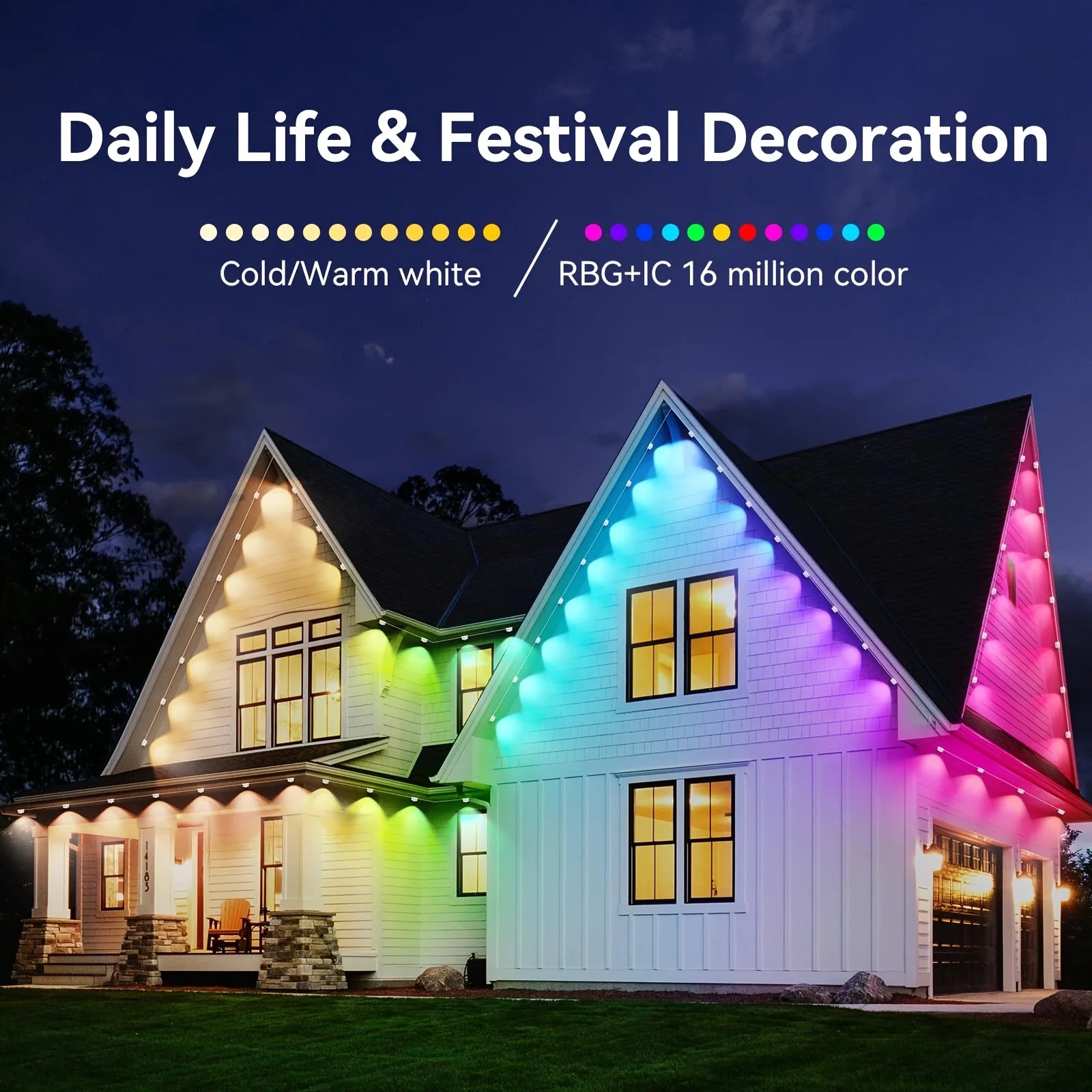 100ft Roof Light - 72 RGB+IC LEDs, IP67 Waterproof, Smart Color Control, Christmas Outdoor Decor