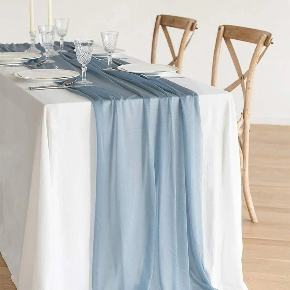 Dusty Blue Sheer Chiffon Table Runners with Silver Sparkle, Set of 6, for Rustic Boho Wedding Shower Party