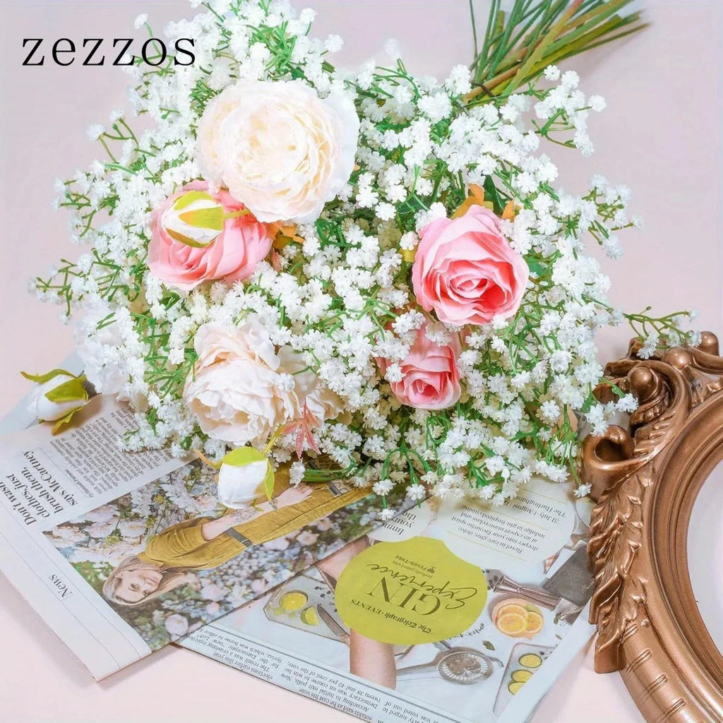 Zezzos 100 Pcs Baby's Breath Artificial Flowers, Fake Baby's Breath Flowers Artificial Bulk White Gypsophila Bouquets Real Touch