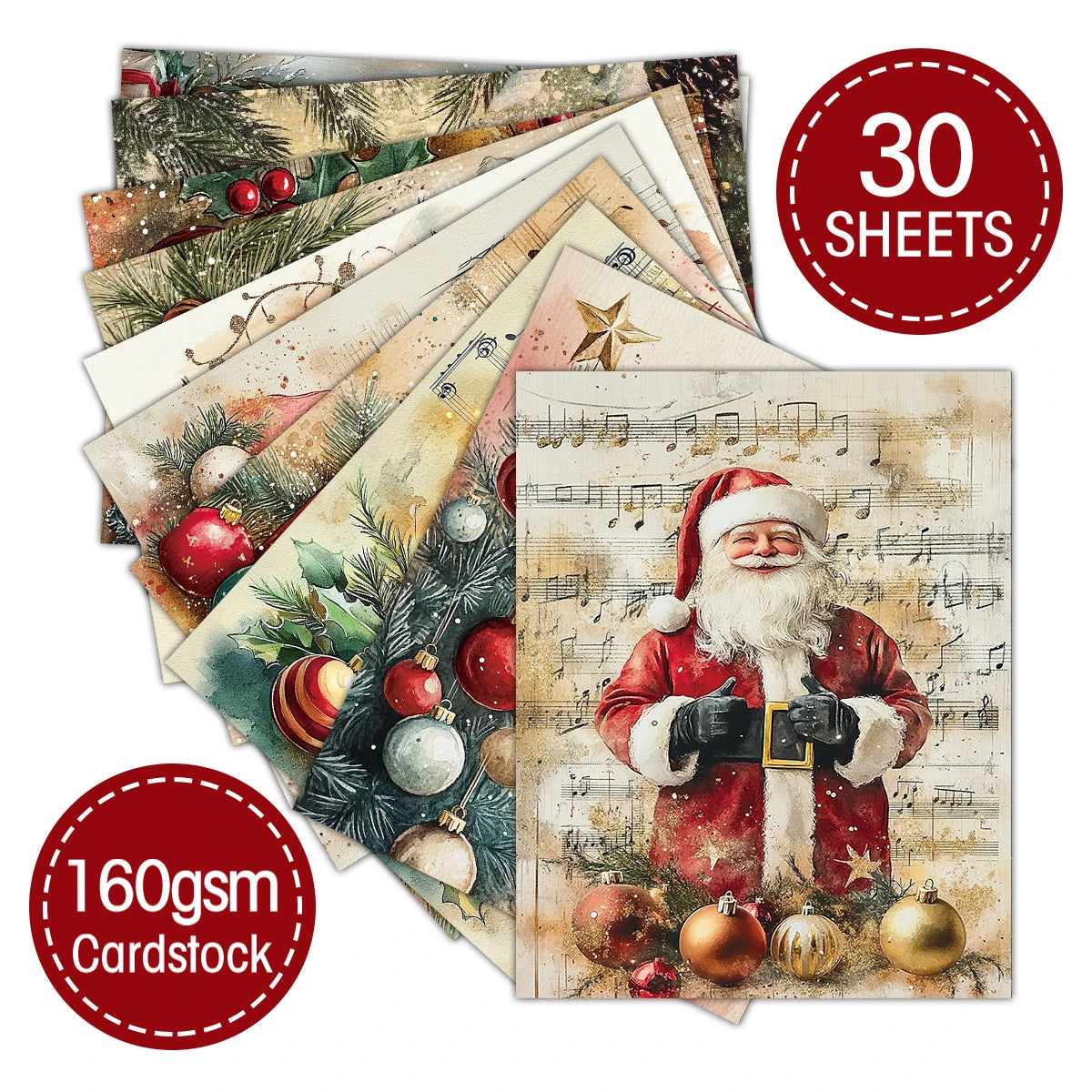 30pcs Christmas Decorative Paper-Vintage Holiday Design,Cardstock For Journaling Craft,Christmas Gift Packaging Background Paper