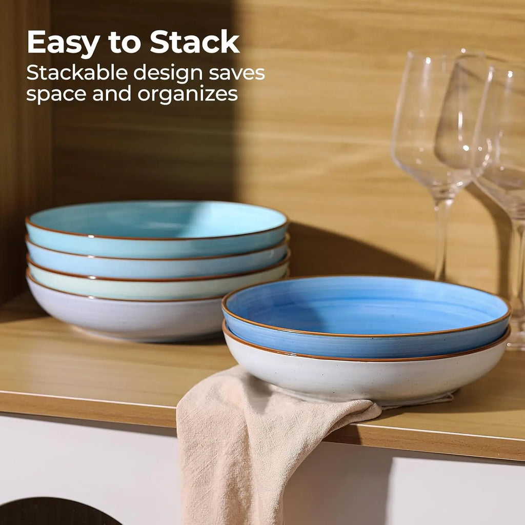 8.5'' Ceramic Pasta Bowls Set of 6, 30 oz Shallow Salad & Soup Bowls, Microwave & Dishwasher Safe Dinnerware in Gradient Blue