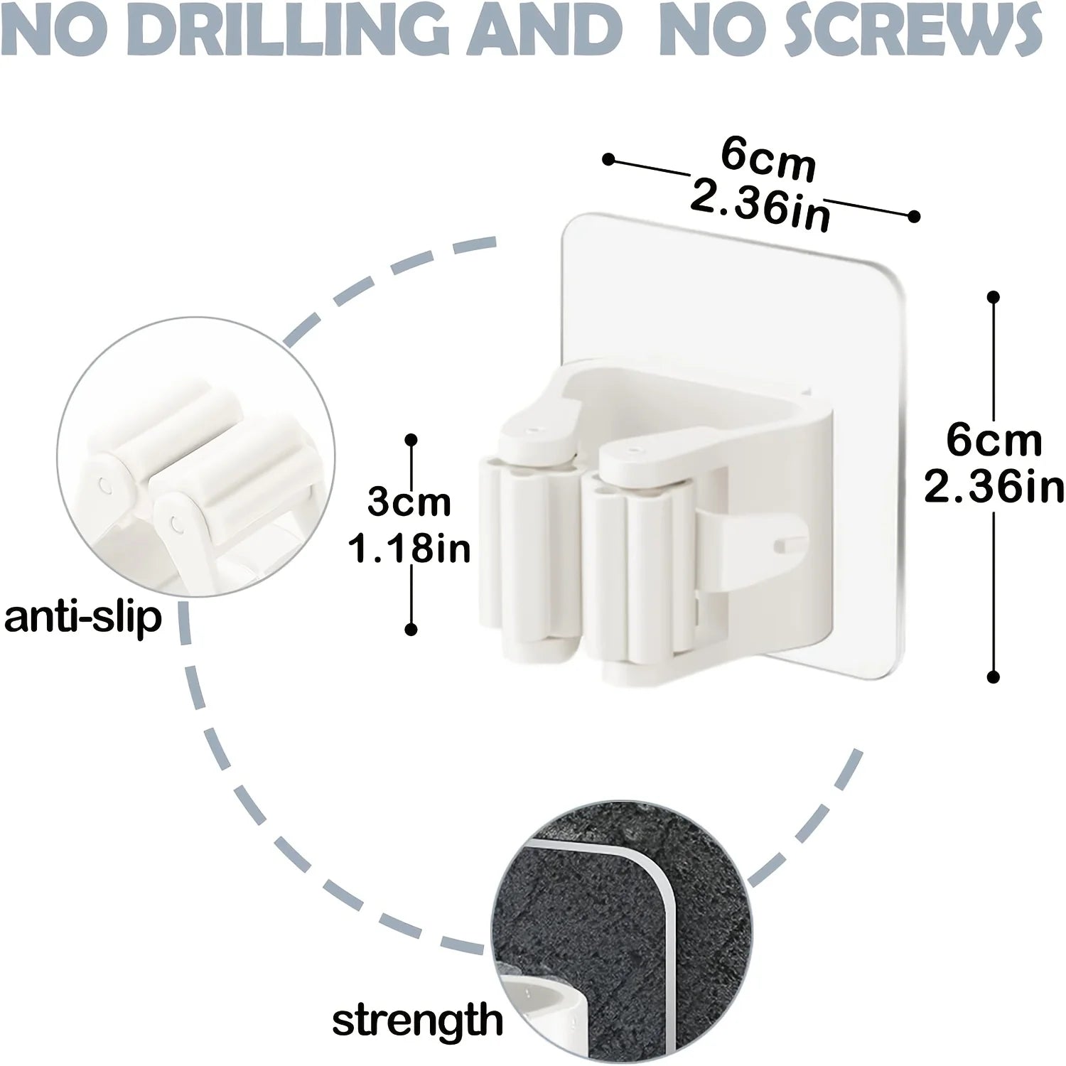 No-Drill Mop Holder: 3 Strong Wall Hooks with Clamp,Space-Saving Storage in Kitchen, Bathroom，hang showerhead/broom/rag