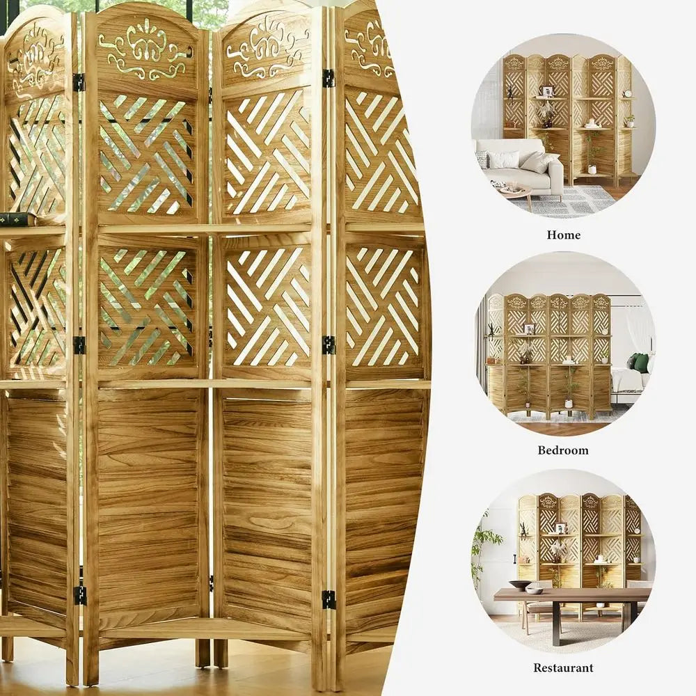 68.9 Natural Wood Carved Louvered 6-Panel Folding Room Divider with Shelves for Home Office