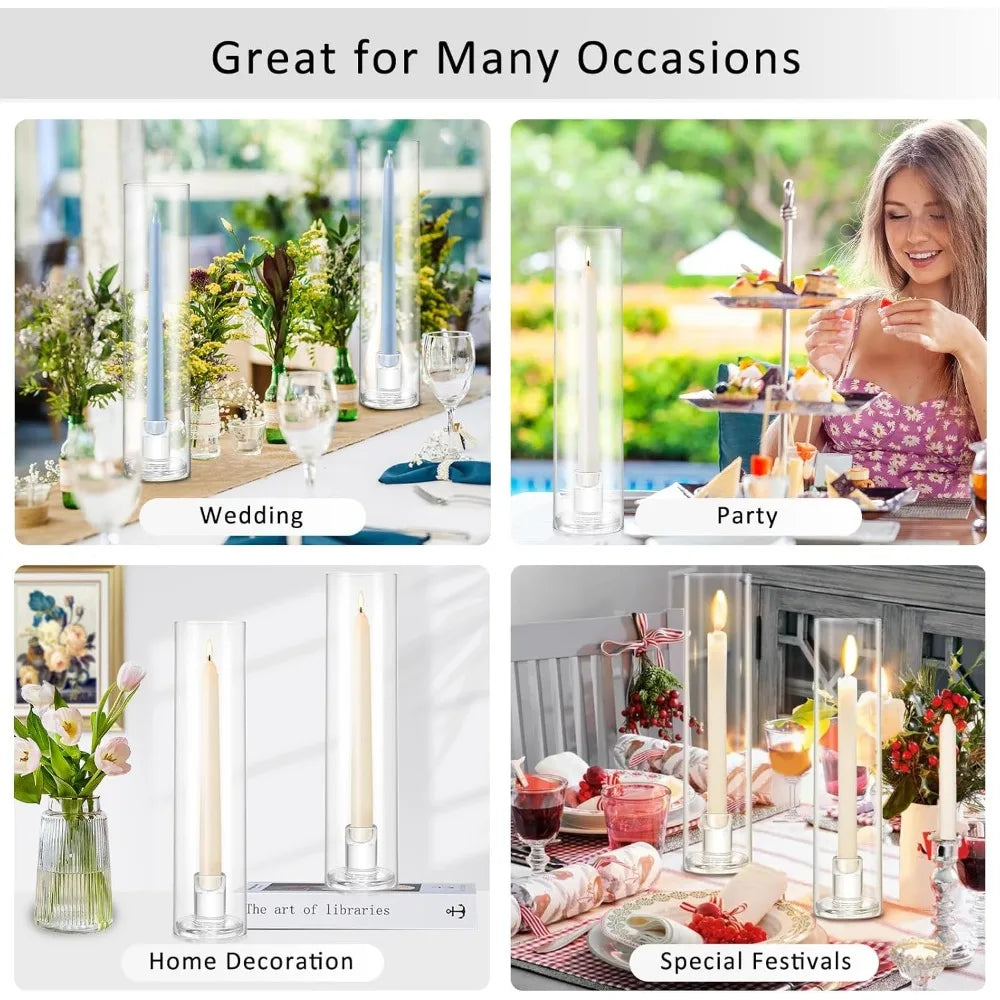 Large Clear Glass Hurricane Candle Holders, 10 Pack Tall Cylinder Sleeves, Bulk Tapered Candlestick Holders for Home Decor
