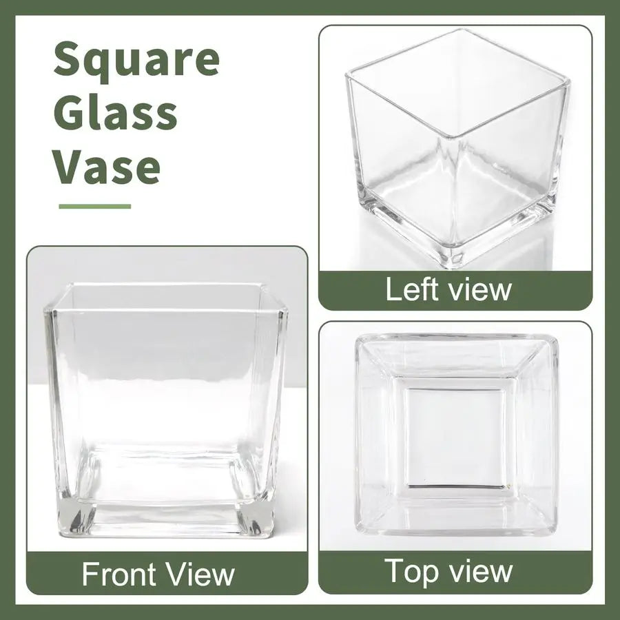 6 Pack Square Glass Vases 5 x 5 x 5 Inch, Clear Cube Flower Vases for Centerpieces, Candle Holders for Wedding Party Home Decor