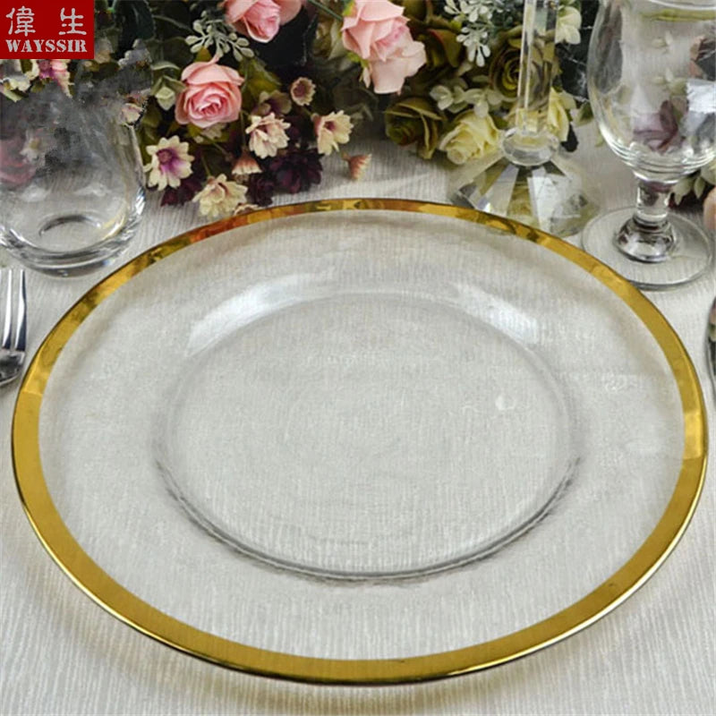 Transparent Glass Charger Plate, Decorative Wedding Dinner Plate, Round Tableware, Show Tray Display, Paint Gold Line Design