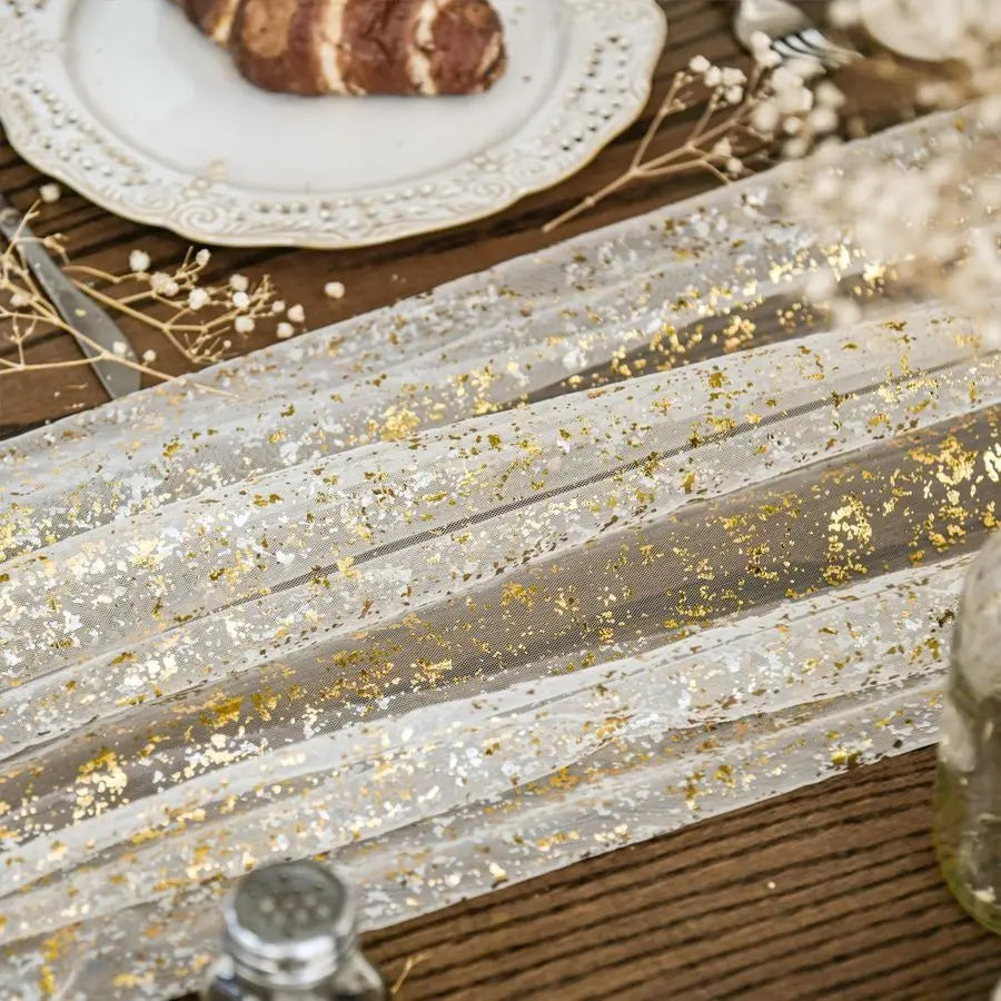 Beige Gold Gauze Table Runner 120 Inch 10Pcs, Glitter Metallic Foil Sheer Dining Wedding Anniversary Holiday Birthday Table Deco
