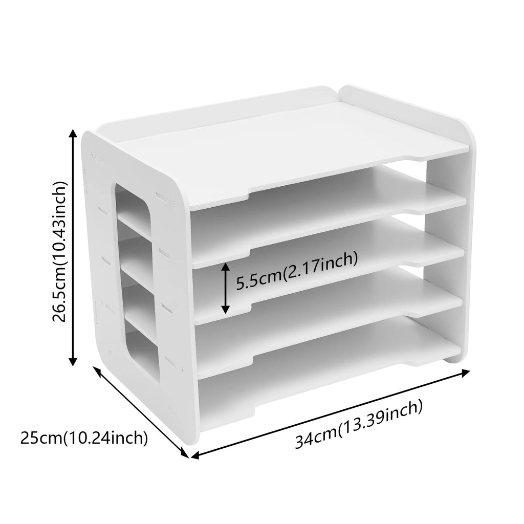 5 Tier PVC Wood-Plastic Desktop Organizer Letter Tray File Rack Stationery Holder Office Desk Storage Shelf with Round Corner
