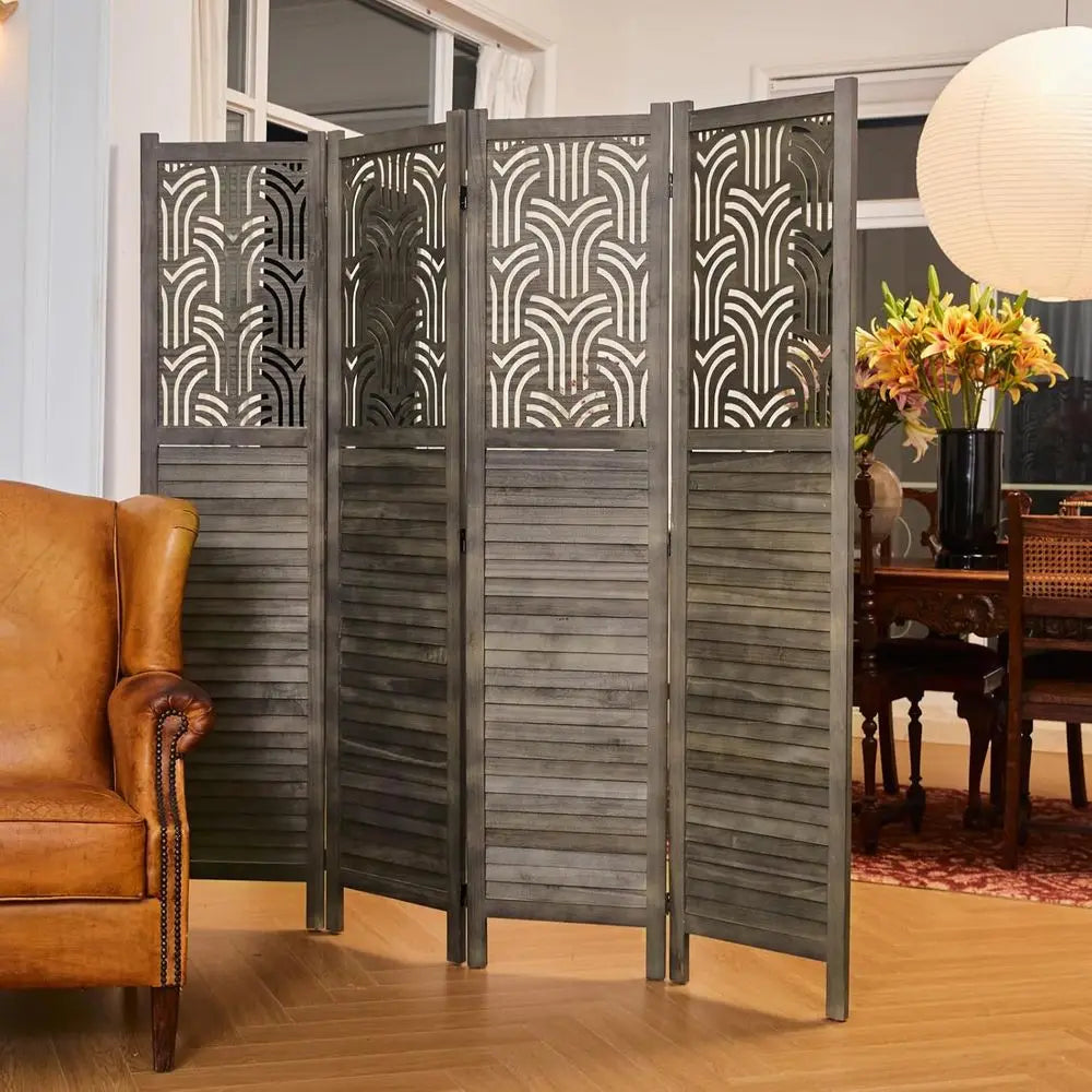 4-Panel Wooden Carved Privacy Screen, 66.9 Tall, Portable Room Divider, Suitable for Home, Office, Restaurant, Bedroom (Gray)