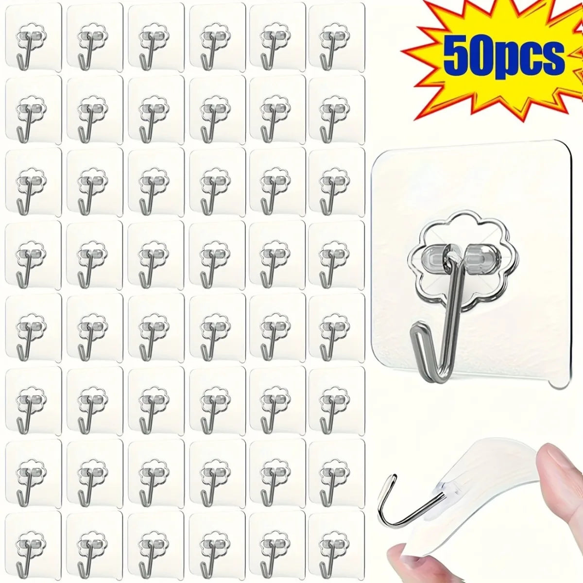 50 pcs Heavy Duty Clear Adhesive Hooks, No Residue Wall Hooks for Bathroom Kitchen, Strong Hold Space-Saving Organizers