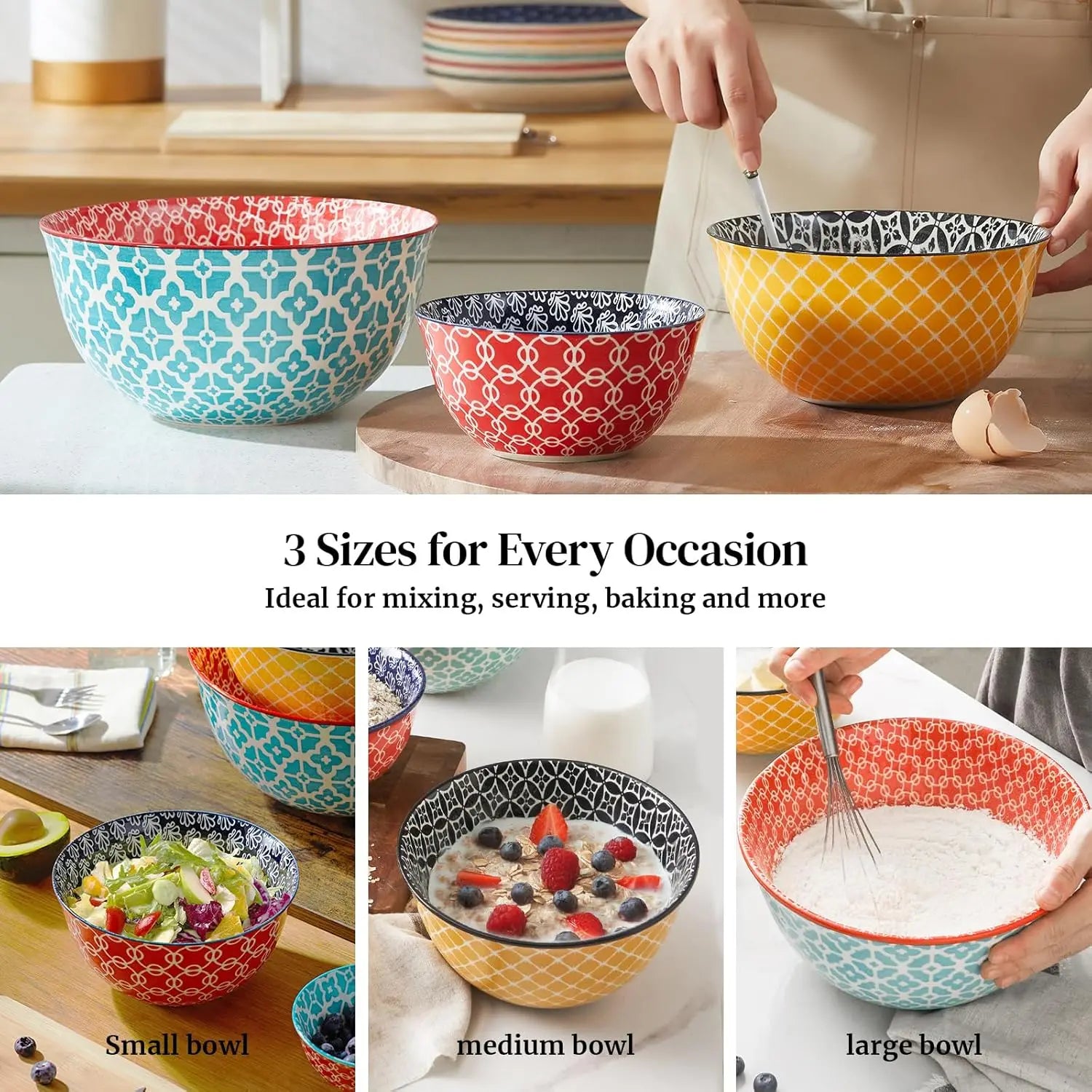 Colorful Ceramic Mixing Bowls Set of 3, Microwave & Dishwasher Safe for Cooking Baking Serving, Housewarming Gift